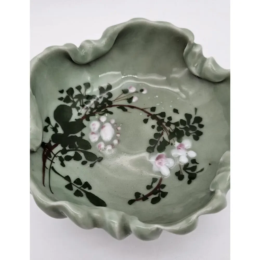 Antique Japanese Meiji Celadon Porcelain Brush Washer Cherry Blossoms